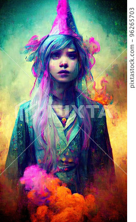 A portrait of a wizard in an unusual neon style in the middle of swirling smoke. A colorful and vivid image of a wizard. The concept of magic and miracles. Perfect for phone wallpaper or for posters. 96265703