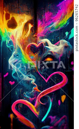 Abstract smoke multicolored on black background. A wall splattered with colored paint, surrounded by colored smoke. Perfect for phone wallpaper or for posters 96265742