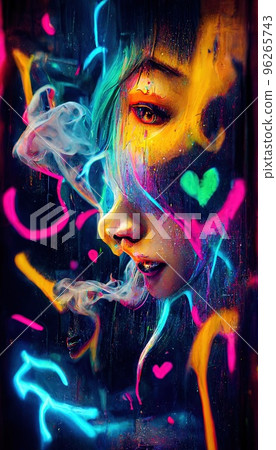 An abstract multicolored rainbow stream. A wall splattered with colored paint and surrounded by colored smoke and neon patterns. Perfect for phone wallpaper or for posters 96265743
