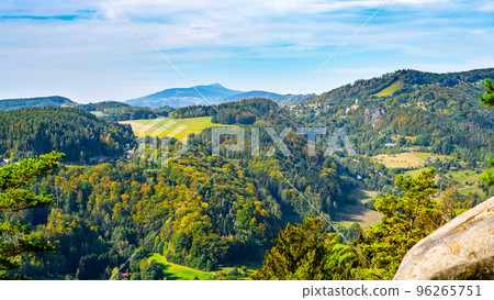 Lush green landscape of Bohemian Paradise. View of Jizera Valley near Mala Skala from Besedice Rocks, Czech Republic 96265751