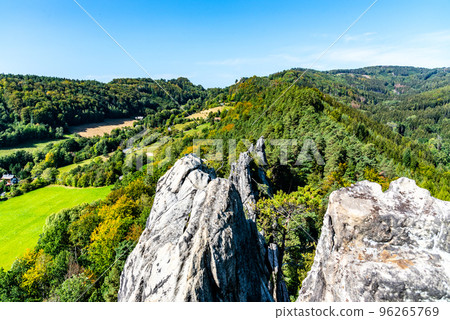 Spiky sandstone rock formation near Mala Skala. Landscape of Bohemian Paradise, Czech Republic Spiky sandstone rock formation near Mala Skala. Landscape of Bohemian Paradise, Czech Republic 96265769