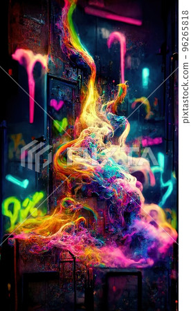 Abstract smoke multicolored on black background. A wall splattered with colored paint, surrounded by colored smoke. Perfect for phone wallpaper or for posters Abstract smoke multicolored on black background. A wall splattered with colored paint, surrounded by colored smoke. Perfect for phone wallpaper or for posters 96265818