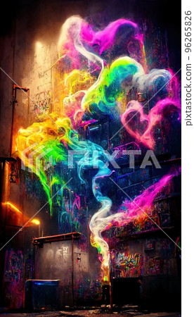 An abstract multicolored rainbow stream. A wall splattered with colored paint and surrounded by colored smoke and neon patterns. Perfect for phone wallpaper or for posters 96265826