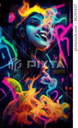 An abstract multicolored rainbow stream. A wall splattered with colored paint and surrounded by colored smoke and neon patterns. Perfect for phone wallpaper or for posters An abstract multicolored rainbow stream. A wall splattered with colored paint and surrounded by colored smoke and neon patterns. Perfect for phone wallpaper or for posters 96265837