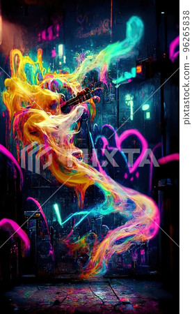 An abstract multicolored rainbow stream. A wall splattered with colored paint and surrounded by colored smoke and neon patterns. Perfect for phone wallpaper or for posters An abstract multicolored rainbow stream. A wall splattered with colored paint and surrounded by colored smoke and neon patterns. Perfect for phone wallpaper or for posters 96265838