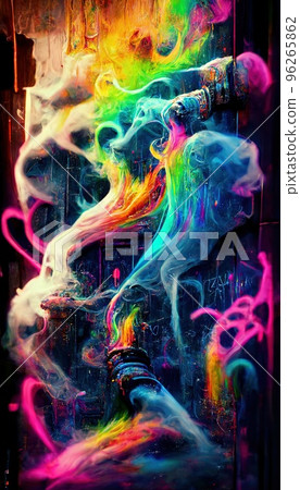 Abstract smoke multicolored on black background. A wall splattered with colored paint, surrounded by colored smoke. Perfect for phone wallpaper or for posters Abstract smoke multicolored on black background. A wall splattered with colored paint, surrounded by colored smoke. Perfect for phone wallpaper or for posters 96265862
