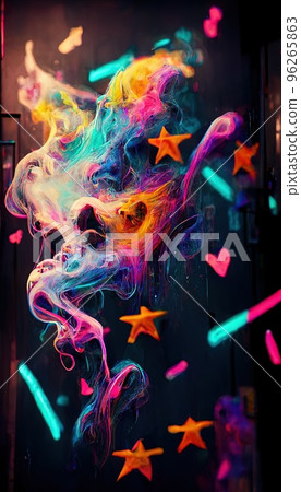 Abstract smoke multicolored on black background. A wall splattered with colored paint, surrounded by colored smoke. Perfect for phone wallpaper or for posters Abstract smoke multicolored on black background. A wall splattered with colored paint, surrounded by colored smoke. Perfect for phone wallpaper or for posters 96265863