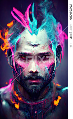 Portrait of a men in a futuristic cyberpunk style in neon clothes. A high-tech man from the future. The concept of virtual reality and cyberpunk. Perfect for phone wallpaper or for posters. Portrait of a men in a futuristic cyberpunk style in neon clothes. A high-tech man from the future. The concept of virtual reality and cyberpunk. Perfect for phone wallpaper or for posters. 96265898