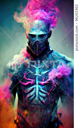 Portrait of a men in a futuristic cyberpunk style in neon clothes. A  high-tech man