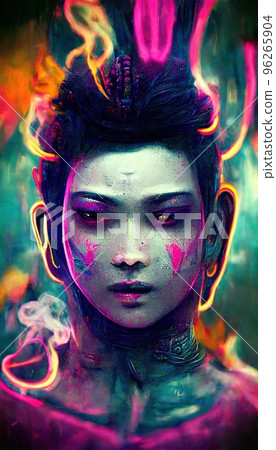 Portrait of Buddha in a futuristic cyberpunk style in a neon atmosphere. A neon Buddha in the middle of smoke. Futuristic reality and cyberpunk concept. Perfect for phone wallpaper or for posters Portrait of Buddha in a futuristic cyberpunk style in a neon atmosphere. A neon Buddha in the middle of smoke. Futuristic reality and cyberpunk concept. Perfect for phone wallpaper or for posters 96265904