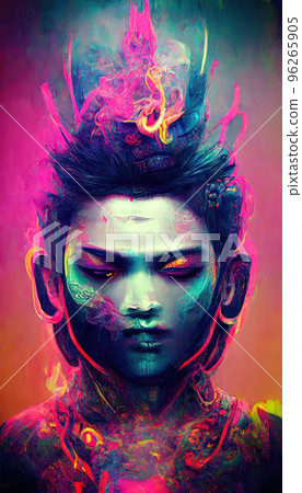 Portrait of Buddha in a futuristic cyberpunk style in a neon atmosphere. A neon Buddha in the middle of smoke. Futuristic reality and cyberpunk concept. Perfect for phone wallpaper or for posters Portrait of Buddha in a futuristic cyberpunk style in a neon atmosphere. A neon Buddha in the middle of smoke. Futuristic reality and cyberpunk concept. Perfect for phone wallpaper or for posters 96265905