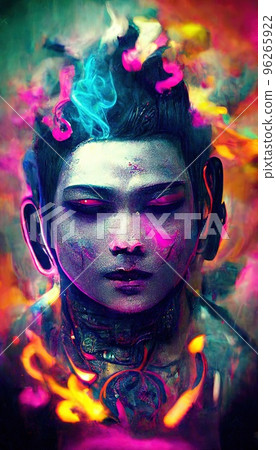 Portrait of Buddha in a futuristic cyberpunk style in a neon atmosphere. A neon Buddha in the middle of smoke. Futuristic reality and cyberpunk concept. Perfect for phone wallpaper or for posters Portrait of Buddha in a futuristic cyberpunk style in a neon atmosphere. A neon Buddha in the middle of smoke. Futuristic reality and cyberpunk concept. Perfect for phone wallpaper or for posters 96265922