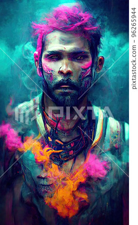 Portrait of a men in a futuristic cyberpunk style in neon clothes. A  high-tech man