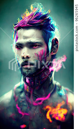 Portrait of a men in a futuristic cyberpunk style in neon clothes. A  high-tech man