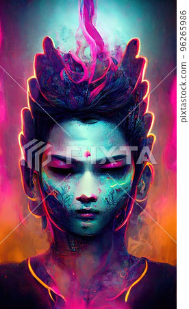 Portrait of Buddha in a futuristic cyberpunk style in a neon atmosphere. A neon Buddha in the middle of smoke. Futuristic reality and cyberpunk concept. Perfect for phone wallpaper or for posters 96265986