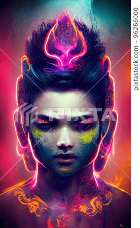 Portrait of Buddha in a futuristic cyberpunk style in a neon atmosphere. A neon Buddha in the middle of smoke. Futuristic reality and cyberpunk concept. Perfect for phone wallpaper or for posters Portrait of Buddha in a futuristic cyberpunk style in a neon atmosphere. A neon Buddha in the middle of smoke. Futuristic reality and cyberpunk concept. Perfect for phone wallpaper or for posters 96266000