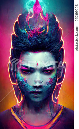 Portrait of Buddha in a futuristic cyberpunk style in a neon atmosphere. A neon Buddha in the middle of smoke. Futuristic reality and cyberpunk concept. Perfect for phone wallpaper or for posters Portrait of Buddha in a futuristic cyberpunk style in a neon atmosphere. A neon Buddha in the middle of smoke. Futuristic reality and cyberpunk concept. Perfect for phone wallpaper or for posters 96266008