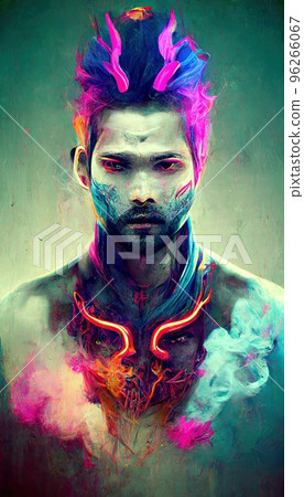 Portrait of a men in a futuristic cyberpunk style in neon clothes. A  high-tech man