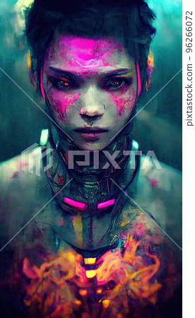 Portrait of a girl in a futuristic cyberpunk style in neon clothes. A high-tech man from the future. The concept of virtual reality and cyberpunk. Perfect for phone wallpaper or for posters. 96266072