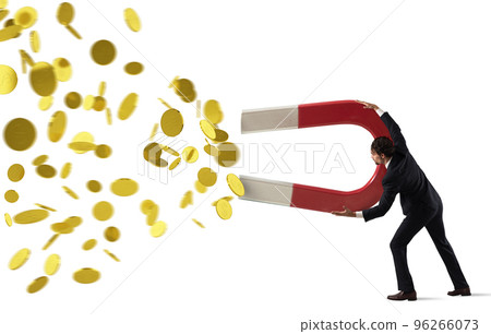 Businessman captures money with a big magnet. concept of earning success. Isolated on white background Businessman captures money with a big magnet. concept of earning success. Isolated on white background 96266073