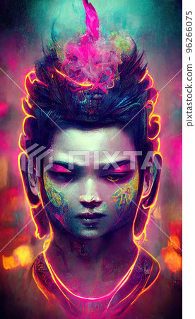 Portrait of Buddha in a futuristic cyberpunk style in a neon atmosphere. A neon Buddha in the middle of smoke. Futuristic reality and cyberpunk concept. Perfect for phone wallpaper or for posters Portrait of Buddha in a futuristic cyberpunk style in a neon atmosphere. A neon Buddha in the middle of smoke. Futuristic reality and cyberpunk concept. Perfect for phone wallpaper or for posters 96266075