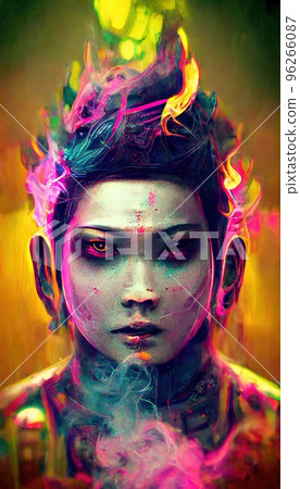 Portrait of Buddha in a futuristic cyberpunk style in a neon atmosphere. A neon Buddha in the middle of smoke. Futuristic reality and cyberpunk concept. Perfect for phone wallpaper or for posters Portrait of Buddha in a futuristic cyberpunk style in a neon atmosphere. A neon Buddha in the middle of smoke. Futuristic reality and cyberpunk concept. Perfect for phone wallpaper or for posters 96266087