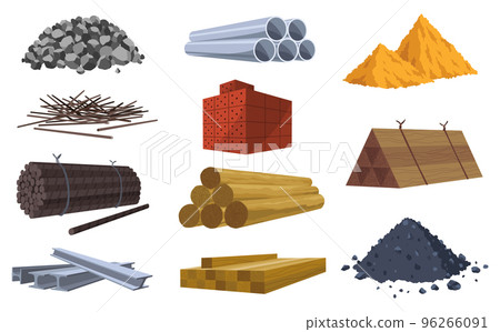 Building materials. Construction concept. Illustrations can be used for construction sites or illustrate renovation works. Bricks, planks, metal, sand and stone pipes vector set Building materials. Construction concept. Illustrations can be used for construction sites or illustrate renovation works. Bricks, planks, metal, sand and stone pipes vector set 96266091
