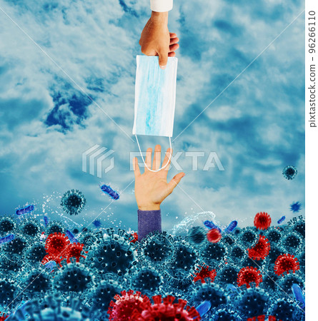 Hopeless businessman needs a mask because goes down under the sea of viruses and bacteria. Concept of pandemic 96266110