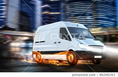 Super fast delivery of package service with van with wheels on fire. Super fast delivery of package service with van with wheels on fire. 96266263