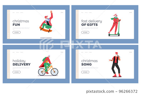 Stylish Santa Claus Landing Page Template Set. Xmas Character Sing Rap, Riding Skateboard, Scooter or Bicycle 96266372