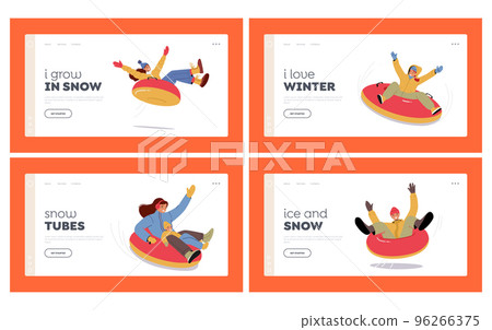 Outdoor Wintertime Fun Landing Page Template Set. People Sliding Down Slope by Snow Tube at Winter Holiday Outdoor Wintertime Fun Landing Page Template Set. People Sliding Down Slope by Snow Tube at Winter Holiday 96266375