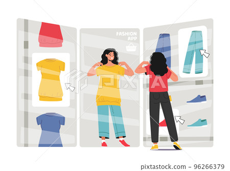 New Fashion Technologies, Internet Store, Online Shopping Concept. Woman Trying On Clothes In Virtual Fitting Room New Fashion Technologies, Internet Store, Online Shopping Concept. Woman Trying On Clothes In Virtual Fitting Room 96266379