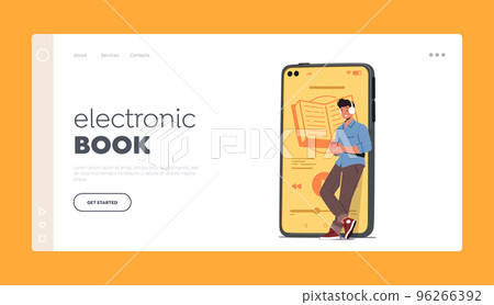 Electronic Book Landing Page Template. Young Man Stand at Huge Smartphone Listen Book With Headphones Online Electronic Book Landing Page Template. Young Man Stand at Huge Smartphone Listen Book With Headphones Online 96266392