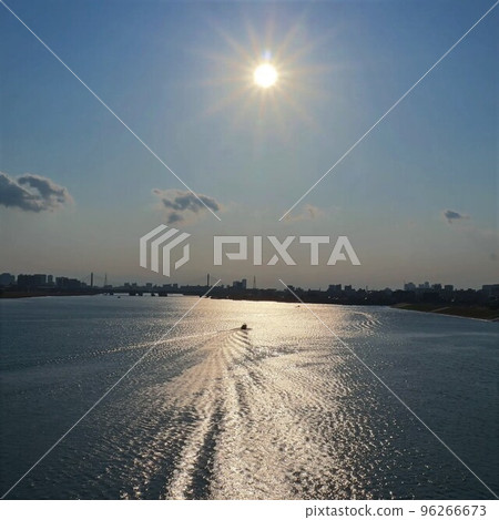 Blue sky sun river sky background background material 96266673