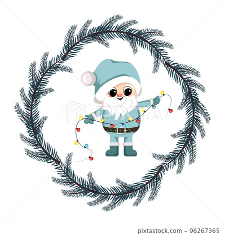 Small winter gnome with long white beard, happy face and gift in fir tree frame. Character for New Year, Christmas and winter design. Vector flat illustration Small winter gnome with long white beard, happy face and gift in fir tree frame. Character for New Year, Christmas and winter design. Vector flat illustration 96267365