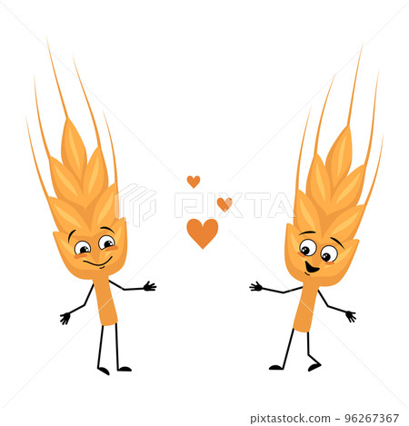Cute ear of wheat character with love emotions, smile face, arms and legs. Healthy cereal with funny expression and posture, vitamin rich food. Vector flat illustration 96267367