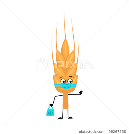 Cute ear of wheat character in medical mask and keep distance, hands with shopping bag and stop gesture. Healthy cereal with care expression and posture, vitamin rich food. Vector flat illustration Cute ear of wheat character in medical mask and keep distance, hands with shopping bag and stop gesture. Healthy cereal with care expression and posture, vitamin rich food. Vector flat illustration 96267368