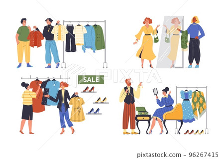 Set of scenes with stylists helping clients to choose dress flat style Set of scenes with stylists helping clients to choose dress flat style 96267415