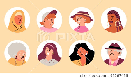 Diverse people circle avatars set, flat vector illustration isolated on yellow background. 96267416