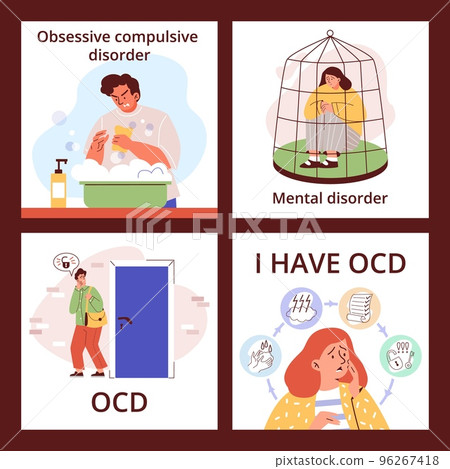 OCD mental disorder banners or cards bundle, flat vector illustration. OCD mental disorder banners or cards bundle, flat vector illustration. 96267418