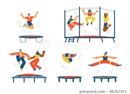 Set of happy people jumping on trampoline flat style Set of happy people jumping on trampoline flat style 96267451