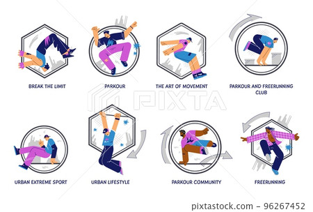 Set of icons about parkour and freerunning flat style, vector illustration Set of icons about parkour and freerunning flat style, vector illustration 96267452