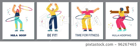 Hula hoop fitness exercise posters with cartoon people flat vector illustration. 96267465