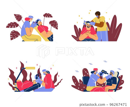 Set of cosmetologists make injections, face cleaning and massage - flat vector illustration isolated on white.. Set of cosmetologists make injections, face cleaning and massage - flat vector illustration isolated on white.. 96267471