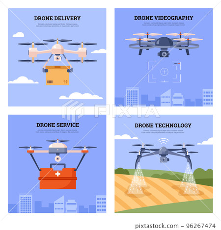 Drone delivery and industrial technologies banners, flat vector illustration. Drone delivery and industrial technologies banners, flat vector illustration. 96267474