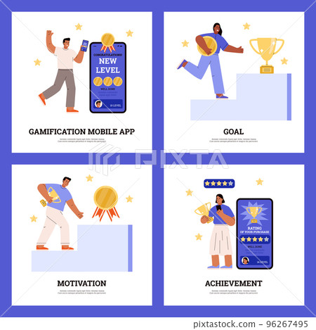 Gamification of mobile app and users motivation banners flat vector illustration. 96267495