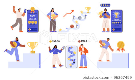 Gamification concept, people achieving new levels and rewards - flat vector illustration isolated on white background. Gamification concept, people achieving new levels and rewards - flat vector illustration isolated on white background. 96267499