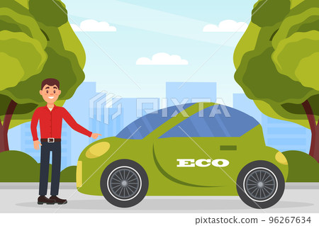 Man using electric car for personal urban city transportation. Eco friendly alternative vehicles flat vector Man using electric car for personal urban city transportation. Eco friendly alternative vehicles flat vector 96267634