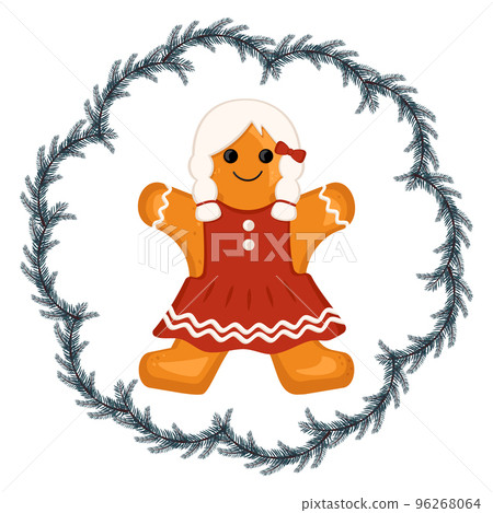 Gingerbread man, decoration for new year, Christmas and holidays in fir tree frame. Character for winter card and design. Vector flat illustration Gingerbread man, decoration for new year, Christmas and holidays in fir tree frame. Character for winter card and design. Vector flat illustration 96268064