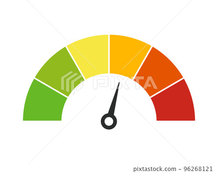 Vector color speedometer meter with arrow for dashboard with green, yellow, orange and red indicators. Gauge of tachometer. Low, medium, high and risk levels. Bitcoin fear and greed index 96268121
